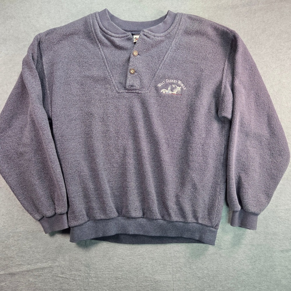 Walt Disney World Henley Sweatshirt Mens Medium Blue Gray Vintage Textured Knit